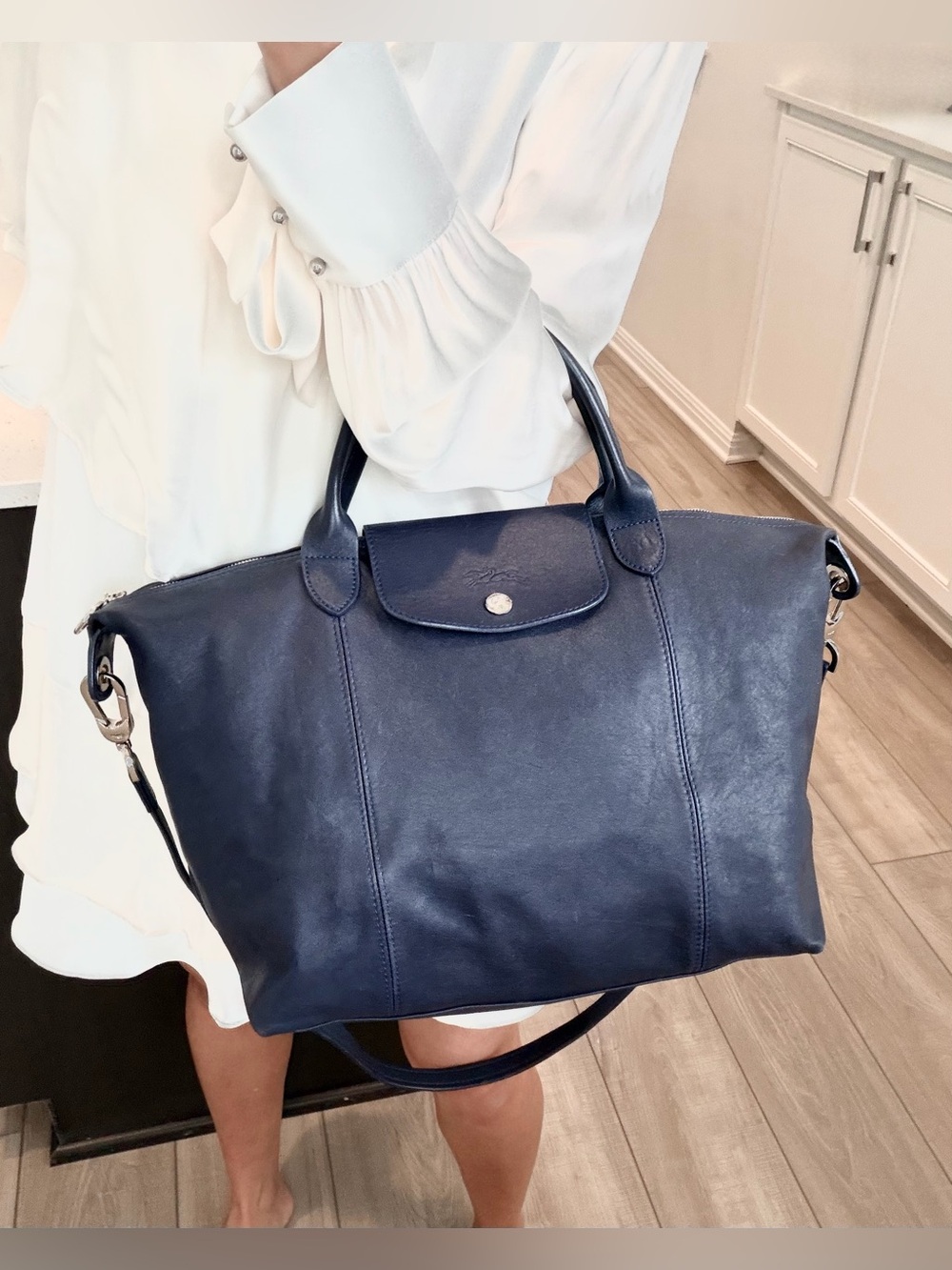 Auth Longchamp Large Le Pliage Cuir Navy Leather Tote